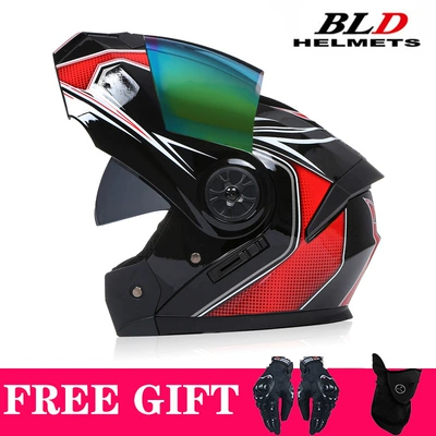 Motosiklet kaskı (dəbilqə) – Electric Vehicle Helmets, Dual-Lens Flip-Up - bright-black-and-red-color-lenses-come-with-mask-gloves-s55-56
