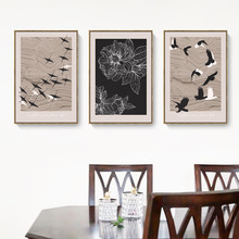 中国风抽象装饰画抽象飞鸟黑白线条花卉挂画酒店公寓民宿简约壁画