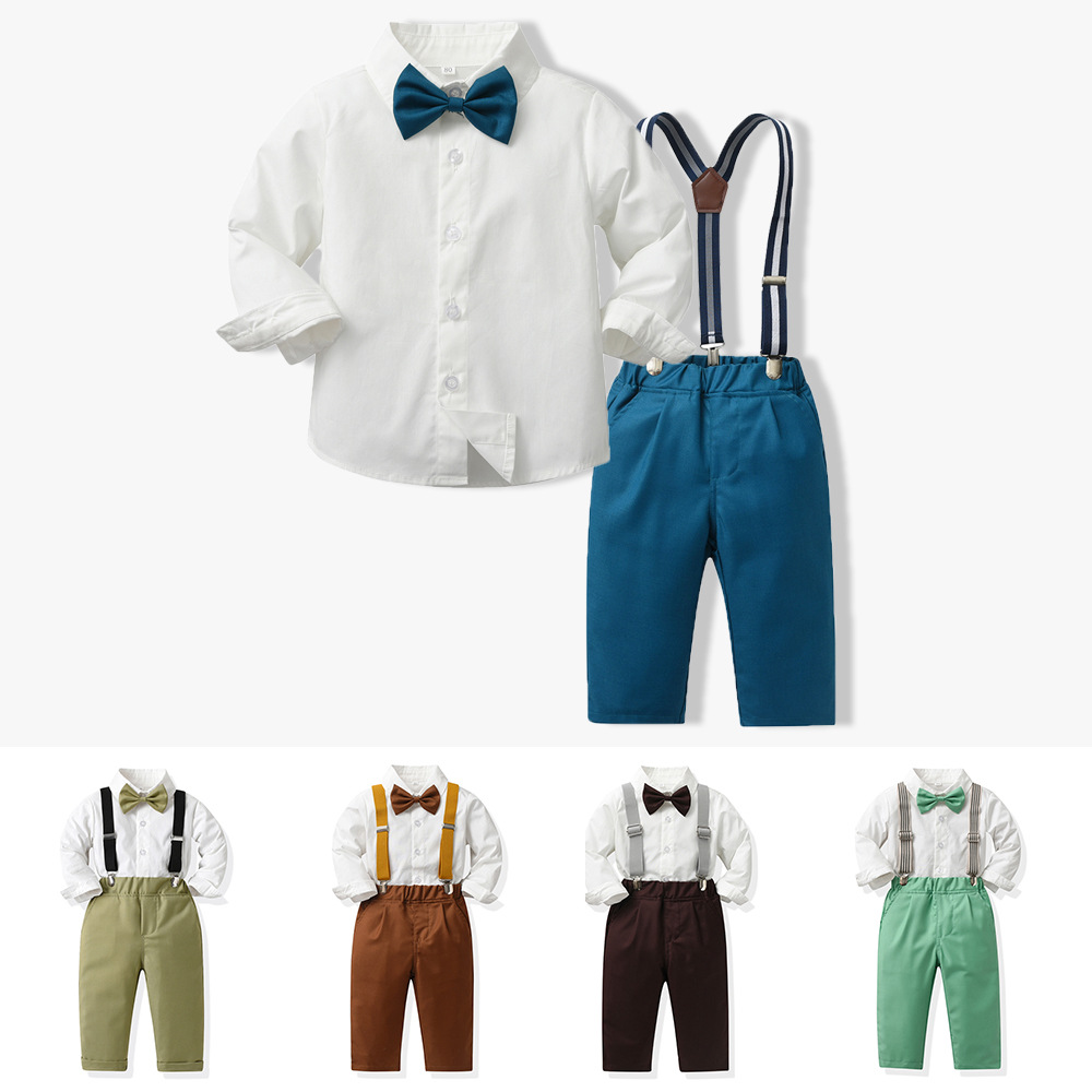 kid's clothing Boys' dress long sleeve bow cotton shirt children's suit suspenders multi-piece set_voghion.com