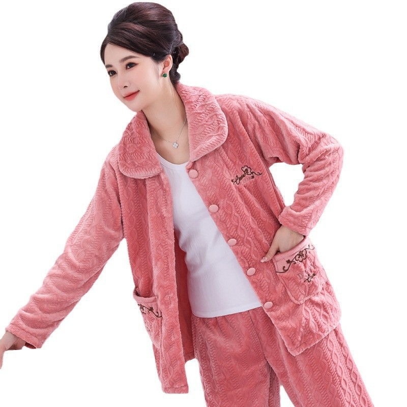 중년 및 노인 어머니를위한 봄 가을과 겨울 산호 양털 잠옷 중년 두꺼운 플란넬 따뜻한 집 옷 세트