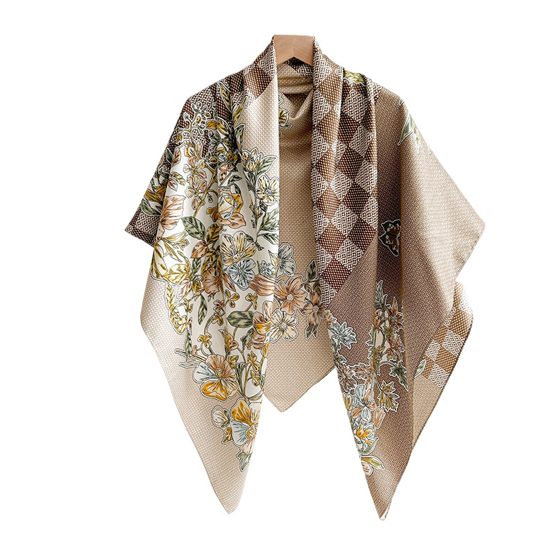Nuevos productos transfronterizos de estilo europeo y americano, bufanda de seda estampada a cuadros de flores, estilo artístico de primavera y otoño, bufanda cuadrada de sarga de temperamento de atmósfera