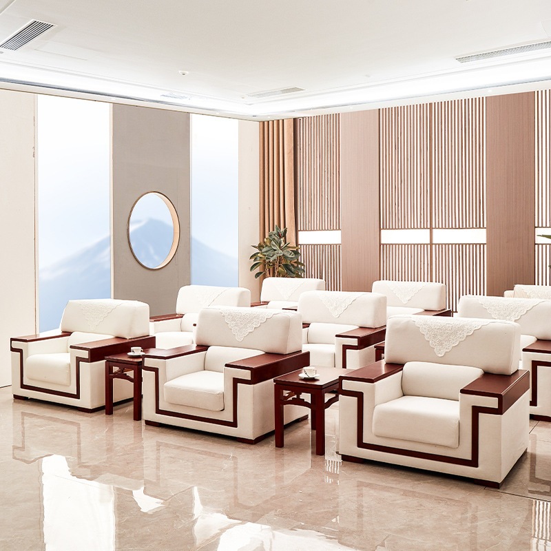 Chinese-style office sofa set, leather business reception sofa, stylish office sofa 8711