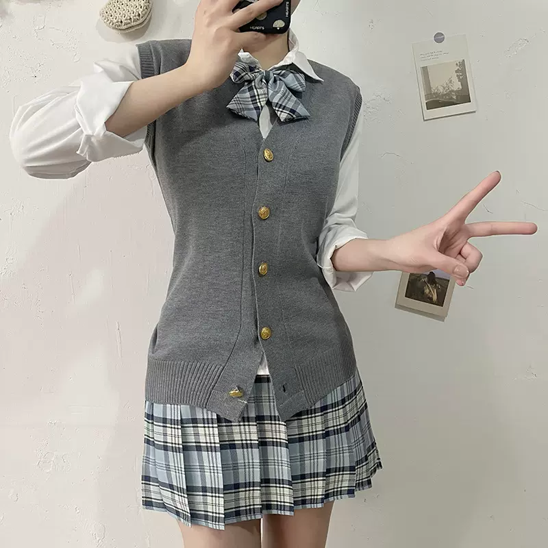 学院风薄款JK制服格子裙套装学生针织开衫毛衣V领背心马甲女
