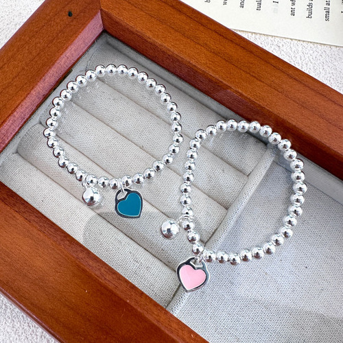 Children's Pure Silver Bracelet s925 New Heart Pendant Girls' Silver Bracelet Baby Girls' Birthday Gift Round Bead Necklace