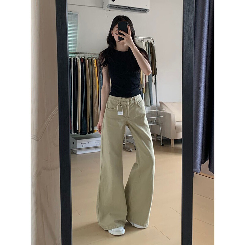 Plus Size American Retro Khaki Work Jeans for Women Autum Low-Waist Fat mm Loose Wide-Leg Floor-Length Pants