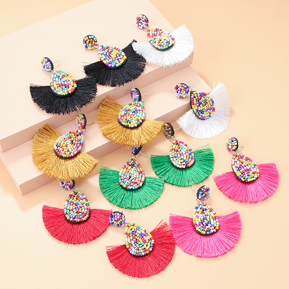 13g Weight Alloy Ear Needle Material Drop Earrings Classification 1 Pair Quantity Holiday, Daily Occasion Seed Bead Material Water Droplets Pattern Women's Gender Tassel Design Bohemian Style 1 Pair Bohemian Water Droplets Tassel Seed Bead Drop Earrings 1