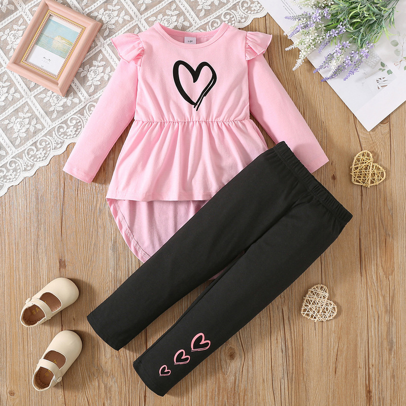 Girls' Spring and Autumn Long-Sleeve and Long-Pants Fashion Set with Heart Print, Small Flutter Sleeve Tailcoat Top and Leggings Set