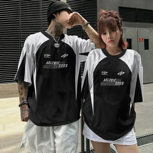 Cross-border Western and European style hip-hop retro short-sleeve sports high street casual hip-hop jersey ball top t-shirt manufacturer wholesale