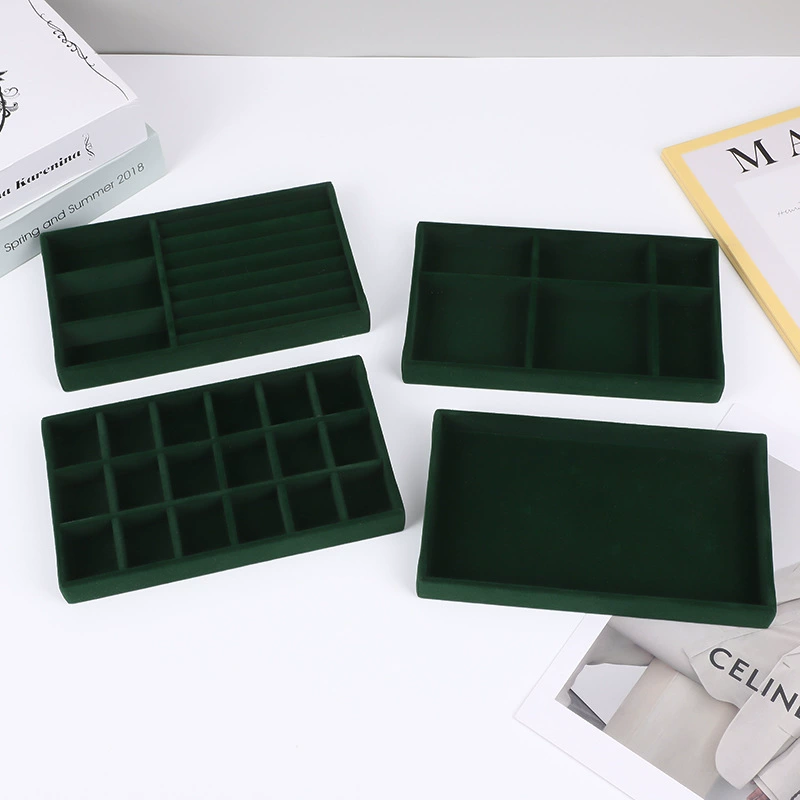 Темно-зеленый бархатный поднос для демонстрации украшений без крышки, высококачественный лоток для хранения колец и сережек 2025