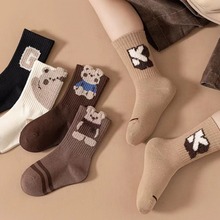 逗木熊儿童袜子秋冬款高筒高橡筋咖色小熊男童棉袜可爱卡通宝宝袜