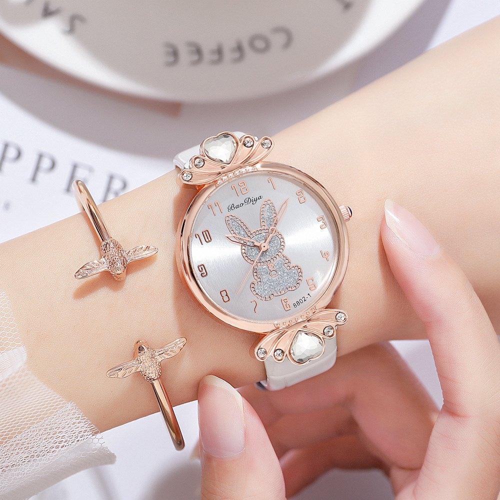 TikTok Internet Celebrous Live New Digital Time Simple Bow Watch Rabbit Pattern Dial Quartz Watch