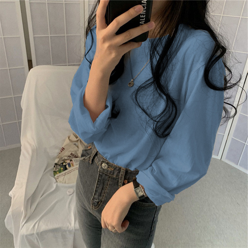 Camiseta básica blanca para mujer, estilo BM de manga larga, nueva colección de principios de otoño 2025, versión coreana, camiseta holgada negra con cuello redondo. image 13
