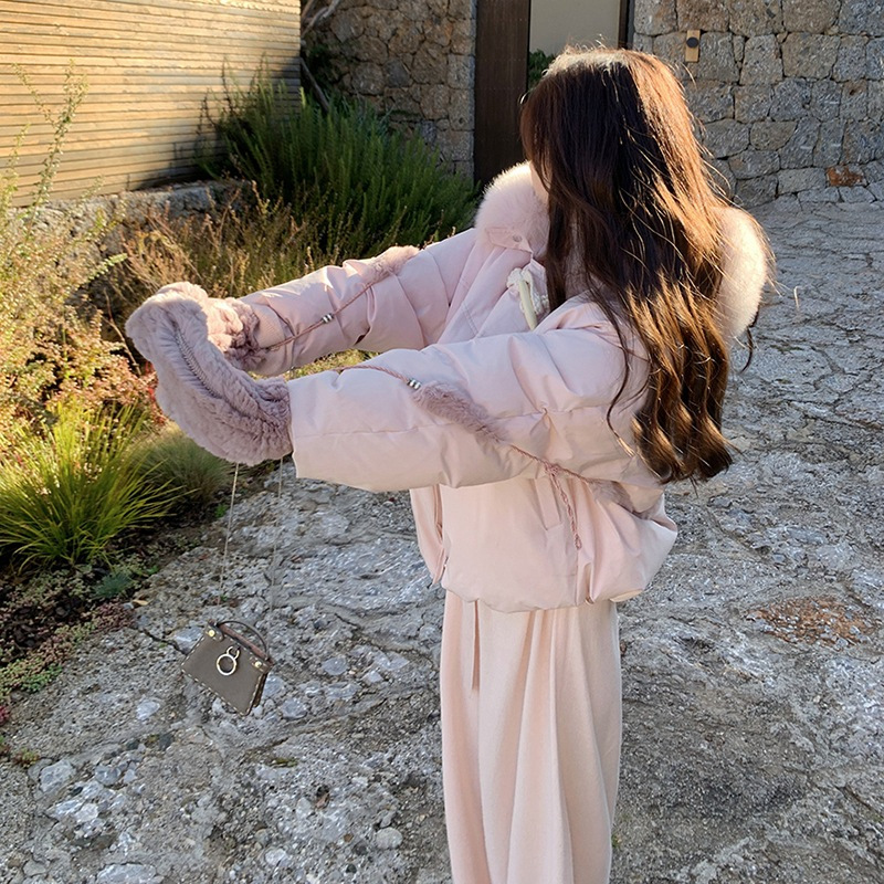 90일 표준 삼화 대형 흰오리털 숏 후드 다운 재킷 겨울용 여우털 칼라