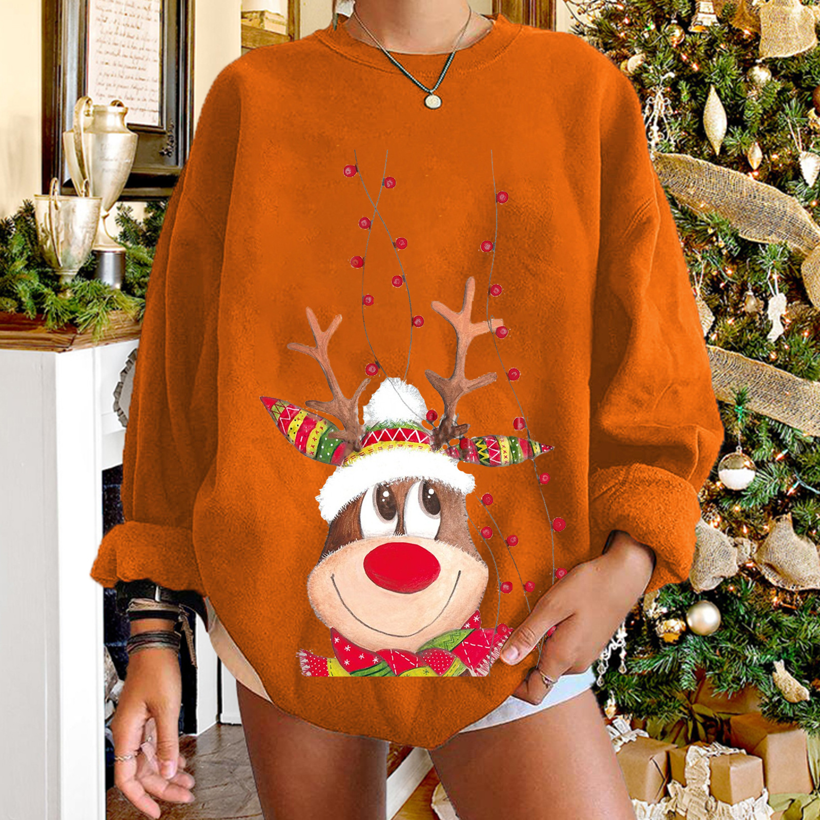 women s dropped shoulder round neck elk printing fleece sweatershirt nihaostyles wholesale Christmas costumes NSYUM79715