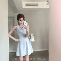 CallmeEar//リネンラインテンセルリネンノースリーブドレスウエスト痩身カレッジスタイルAラインスカート