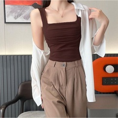Sweet and Spicy Style Collar Puff Short Sleeve Blouse with Bra Cup, Solid Color, Versatile, Casual, Strap Design, Sleeveless Short Top