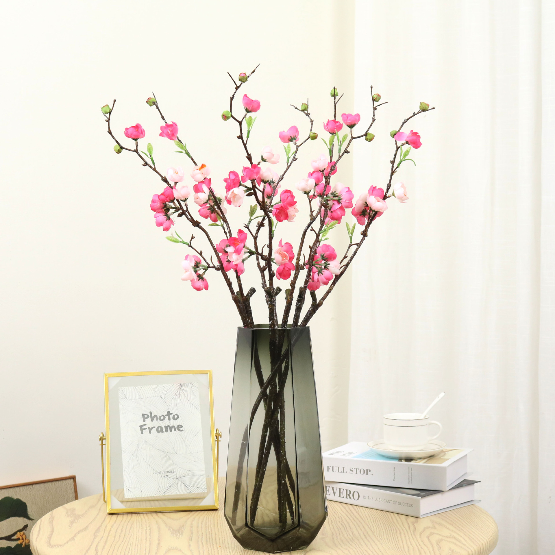 새로운 시뮬레이션 싱글 복숭아 꽃 가지 매화 조화 가정 장식 공장 도매 국경 꽃병 꽃꽂이