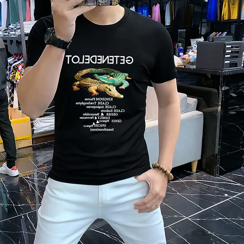 Chemise à manches courtes et col rond pour hommes, imprimé, belle édition coréenne, filet Crocodile, rouge, Slim Fit, Top Trdy, été 2023_voghion.com