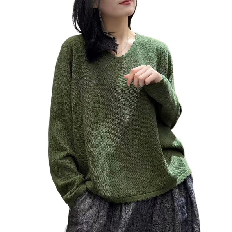 新品宽松大码简约花边V领针织衫时尚毛衣纯色打底衫|undefined