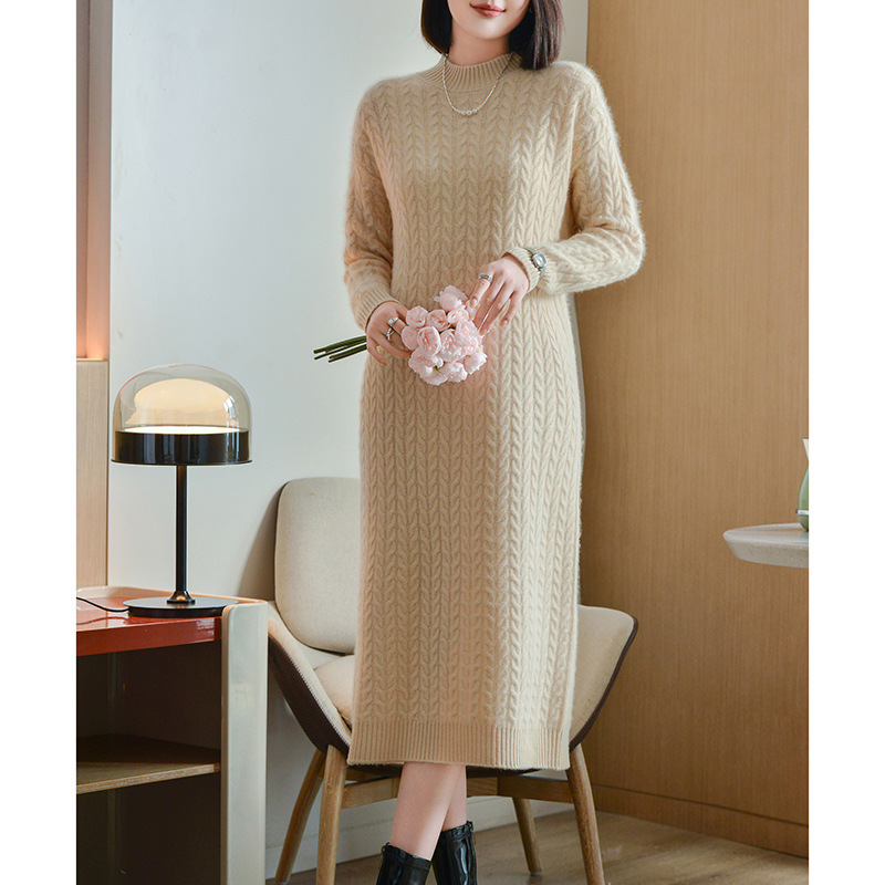 Half-high Collar Vintage Pure Wool Sweater Mid-length Pullover dress Women's Tight Waist Solid Color Knitted Base Sweater Dress