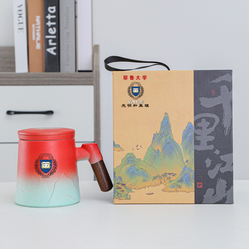 企业商务千里江山陶瓷渐变办公茶水分离杯过滤泡茶杯国潮伴手礼品