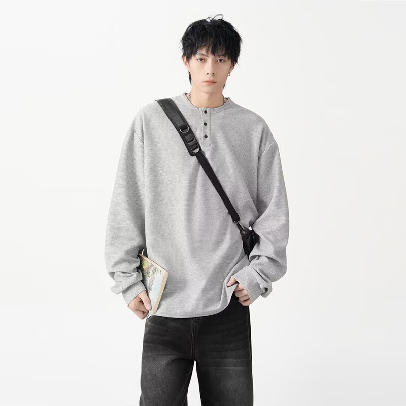 Spring and Autumn 2024 American Style Retro Heavy-weight Long-sleeved Henry T-shirt for Men and Women Couple's Wafflesque Sweat All-match Ins Trendy