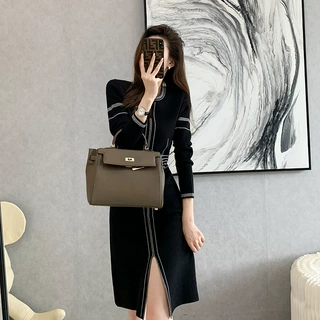 跨境辣妹针织连衣裙女2026秋冬季长袖中长款开叉性感打底毛衣裙子
