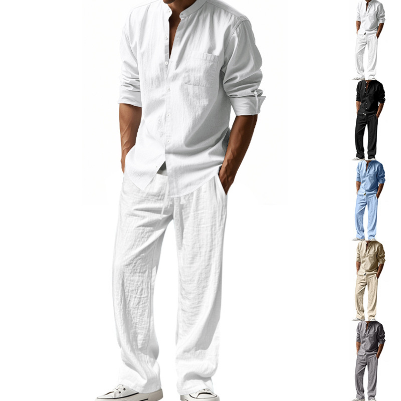 2025 Cross-border American Four Seasons Linen Men's Casual Loose Breathable Long Sleeve Trousers Shirt Beach suit in stock