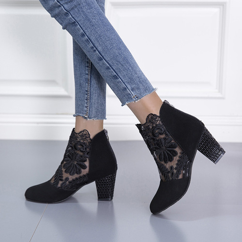 Elegant European and American lace-up high-heel, color-blocked sandals for women with round toes and thick heels