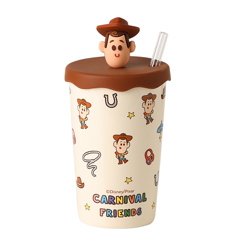 Toy Story de dibujos animados con tapa de taza de agua de cerámica taza de paja de gran capacidad taza de café de pareja creativa de alto valor nominal