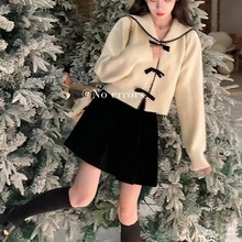 软糯甜美复古miu系蝴蝶结海军领套头毛衣女新款秋冬短款显瘦外穿