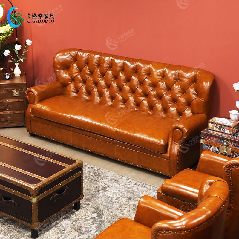 American-style sofa, oil-waxed genuine leather, high-back, straight-line design, suitable for small apartments, Italian retro style, fully upholstered, high-end luxury sofa