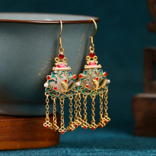 新中式鱼跃龙门耳环925银针烧蓝复古风耳坠高级感仿玉石流苏耳饰