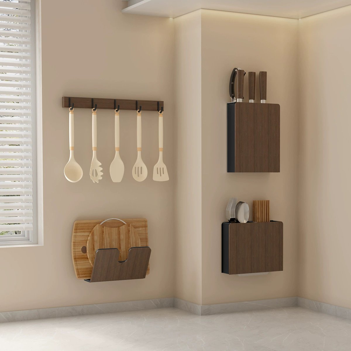 Walnut kitchen hook hole-free hanging rod pot spoon shovel hanger multi-function wall-mounted storage rack