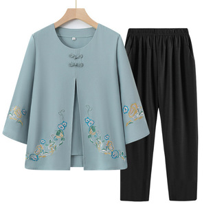 Mother's Summer Fake Two-piece Top Middle-aged and Elderly Spring and Summer Clothes Grandma's Seven-sleeve Shirt T-shirt Elderly Clothes