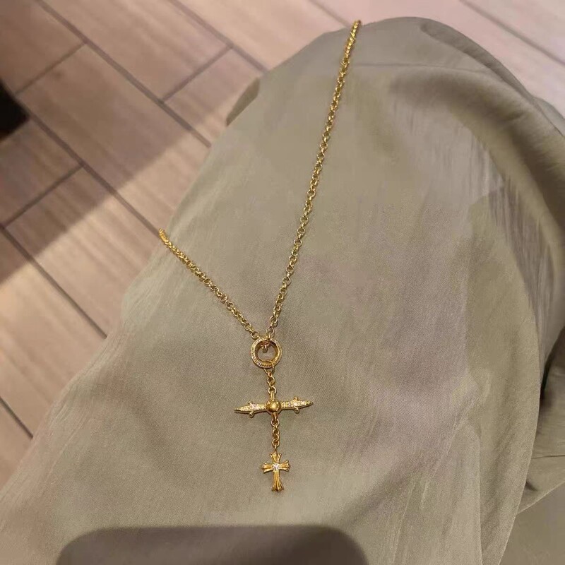 甜酷风十字架项链女辣妹粉色串珠多层毛衣链轻奢气质高级感颈链|undefined