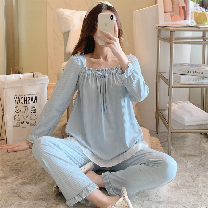 Primavera y otoño nuevos pijamas de las mujeres fuera del cuello de manga larga arco de color sólido dulce lindo traje de desgaste para el hogar se puede usar fuera