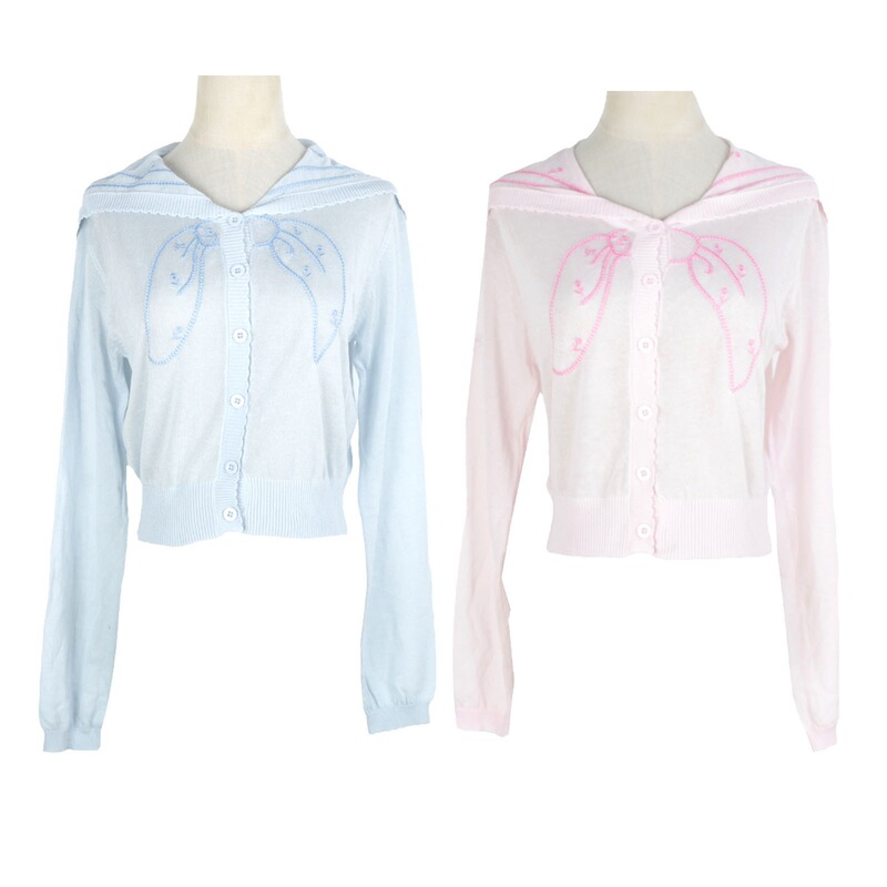 2026 Spring/Summer New Style Navy Collar Bowknot Floral Embroidery Sweet Age-Reducing Versatile Thin Knitted Cardigan Top