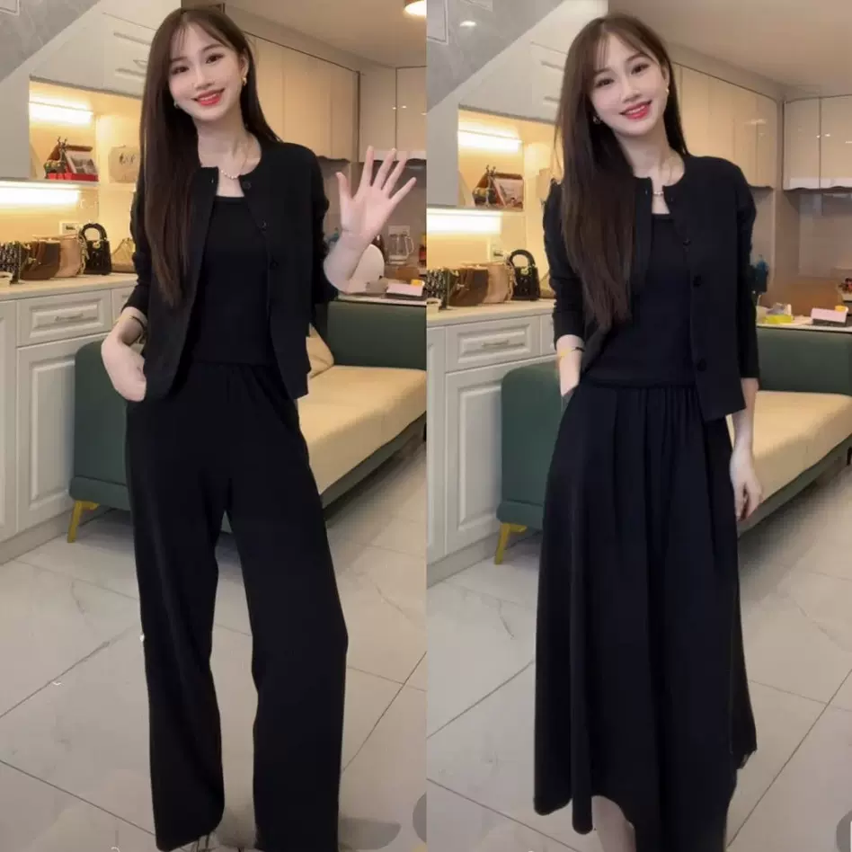 韩系气质套装女秋季新款高级感显瘦开衫背心半身裙阔腿裤三件套