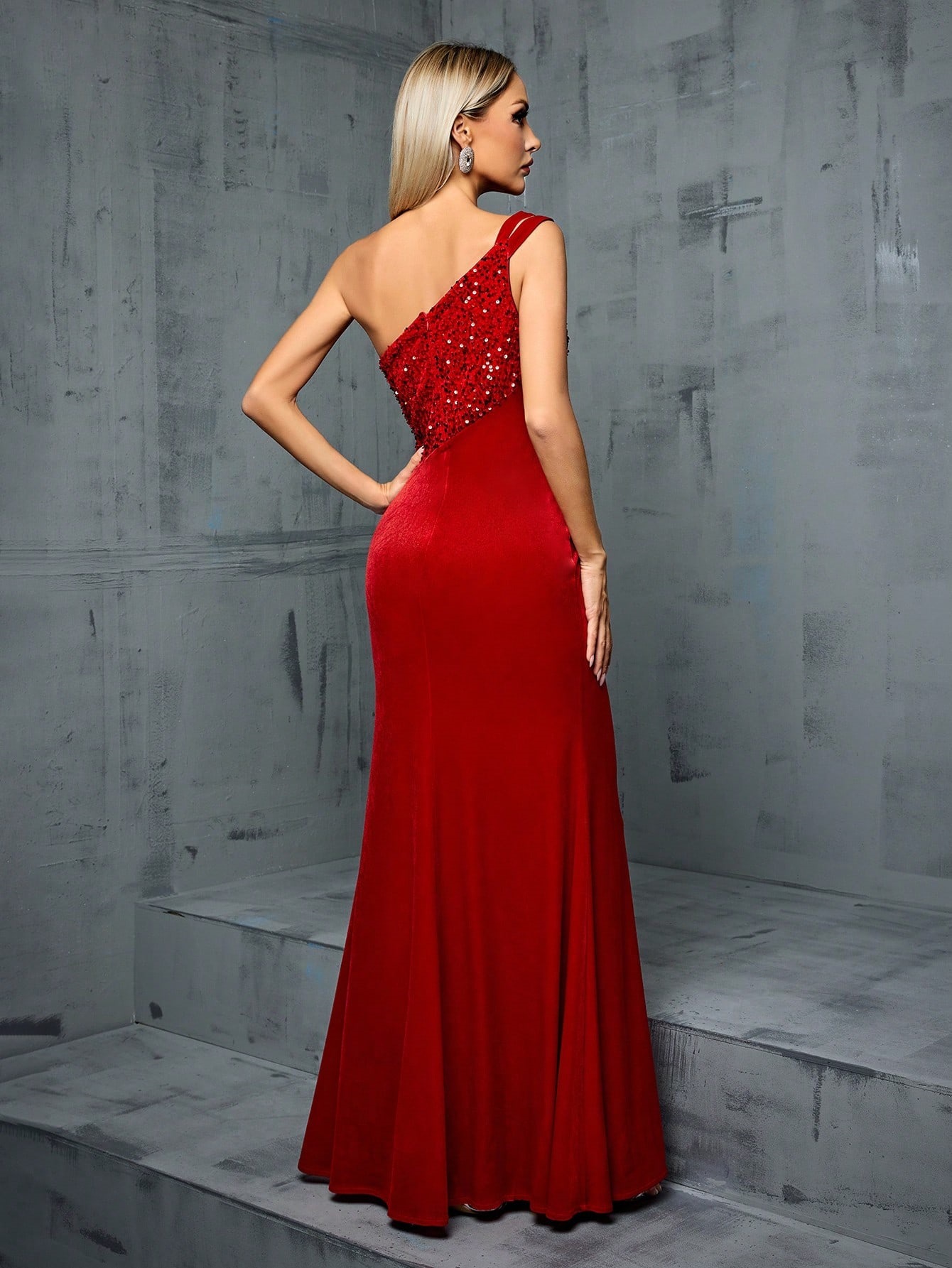One Shoulder Fishtail Evening Dress Women Wine Red Sequin Formal Dress Slim Fit Slimming Annual Meeting Dress