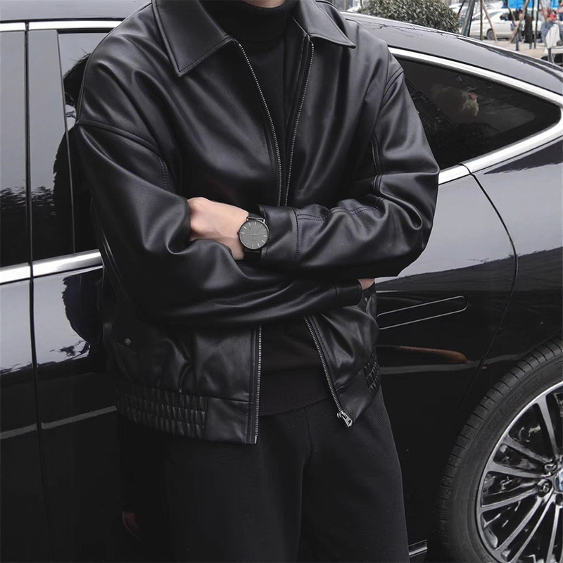 European Black Executive Jacket Men's American Fashion Brand Workwear Leather Jacket Lapel Zipper Jacket Pu Leather Casual Jacket