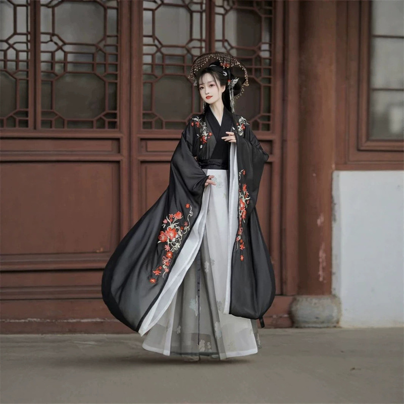 Hanfu for Women in the Wei and Jin Dynasties, Intricately Embroidered Red Plum Blossom Pattern, Large-Sleeved Shirt, Black and Blue Two-Tone Cross-Collar Waist-Length Skirt, Ancient Style Set