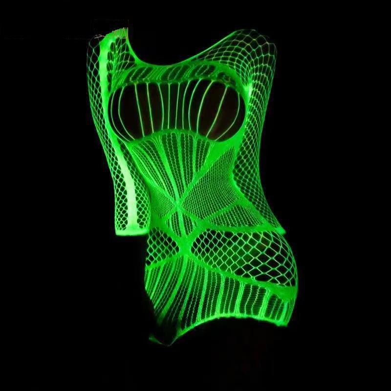 thumbnail for Glow-in-the-dark pantyhose erotic lingerie sexy cut-out closed crotch net stockings fishnet stockings