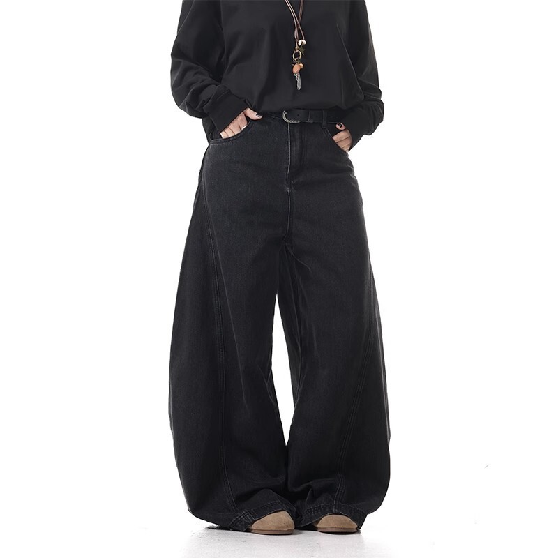 American Retro Cleanfit Washed Vintage Black Scimitar Jeans for Men and Women, Loose Casual Versatile Wide-Leg Pants