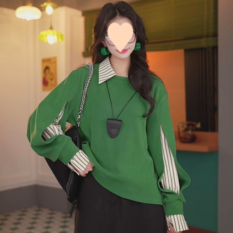 洋气条纹领假两件卫衣女2025春季新款慵懒风休闲拼接百搭上衣|undefined