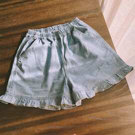 2026年夏季新品木耳边水洗牛仔裤脚口袋松紧腰五分裤大码短裤