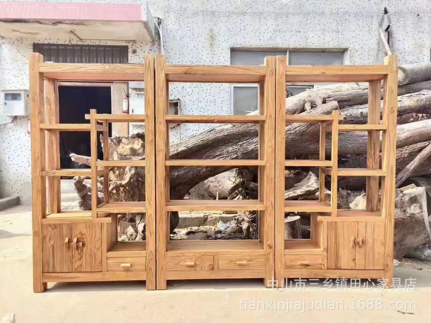 老榆木茶叶架实木书架多层货架复古多宝阁茶室置物架博古架展示柜|ms