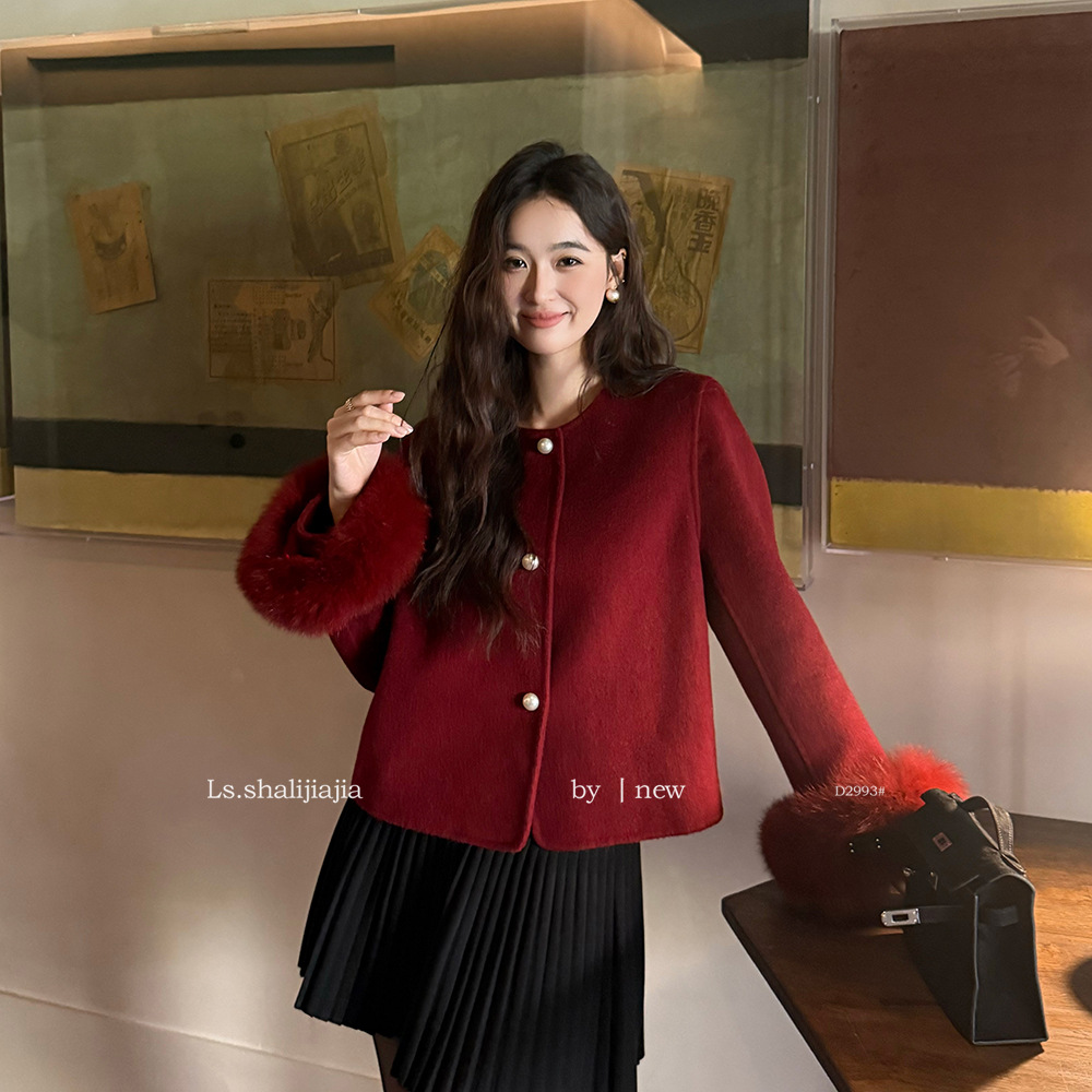 Ls Shuzhi Double-Sided Woolen Coat Short Style with Fox Cuffs for Women 2025 Winter New Wool Coat D2993