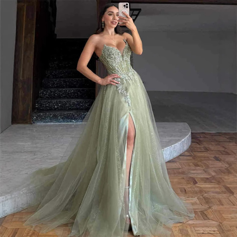 European and American Green Strapless Light Wedding Dress, Light Luxury High-End Slit Slim Evening Dress, Party Engagement Dress European and American Green Strapless Light Wedding Dress, Light Luxury High-End Slit Slim Evening Dress, Party Engagement Dress