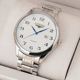 浪苏海品牌新款兰银针手表男式蝴谍扣精钢带双心单日历防水手表